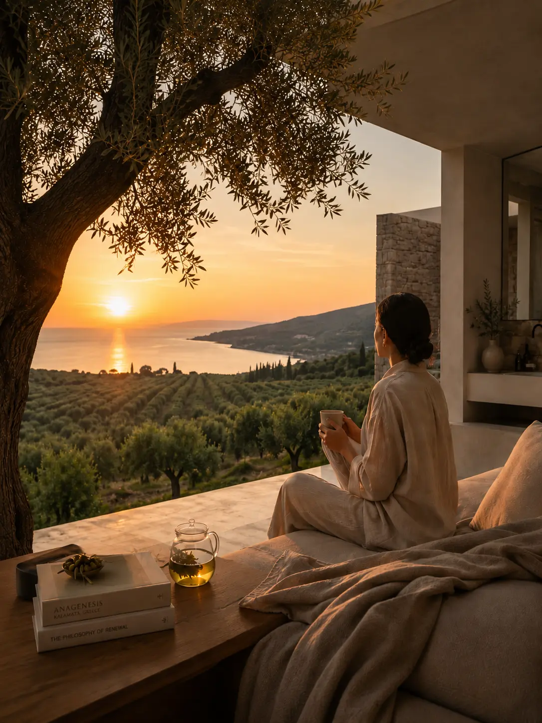 Stone path through ancient olive trees toward the sea
