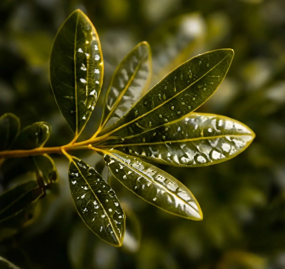 Fresh olive leaves with water droplets