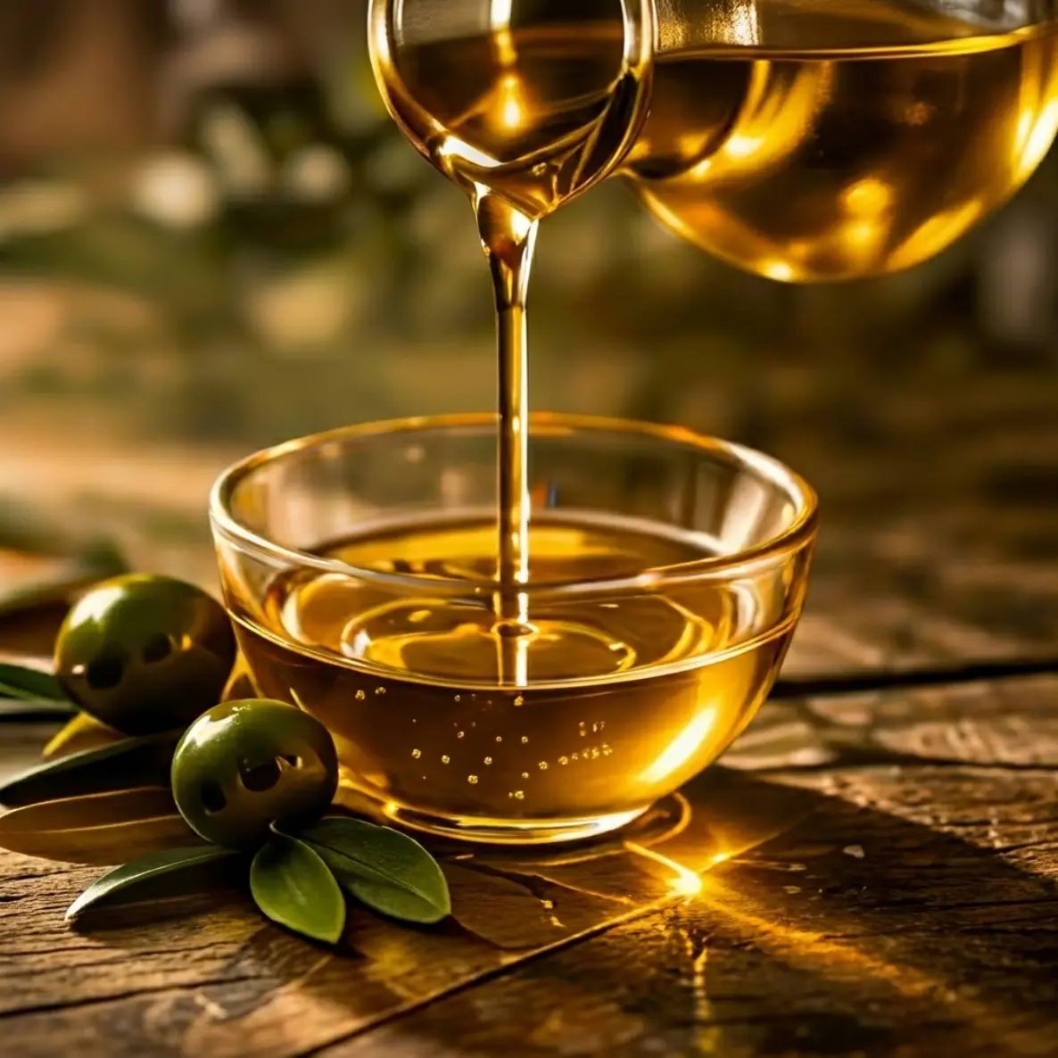 Golden olive oil being poured