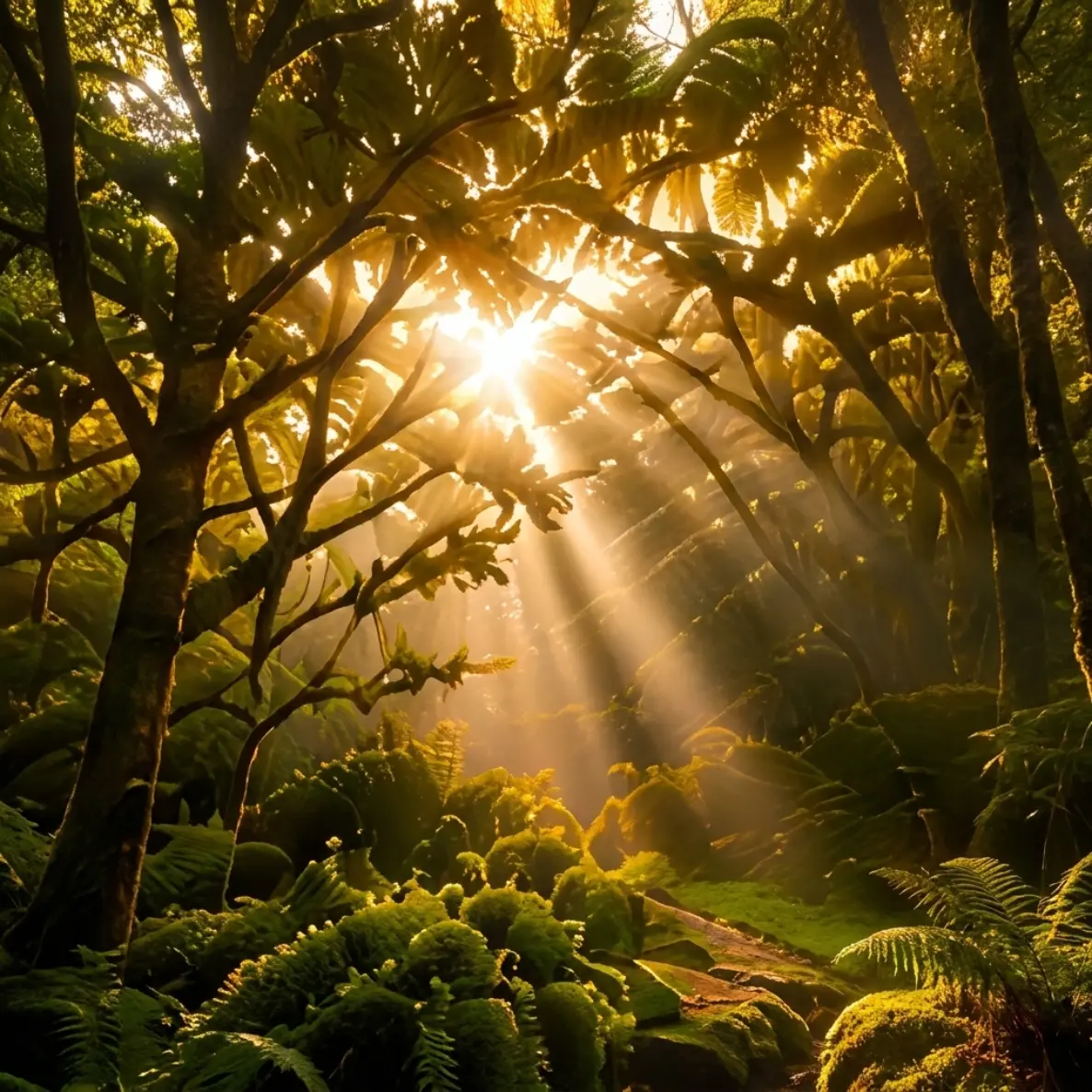 Sunlight through a forest canopy