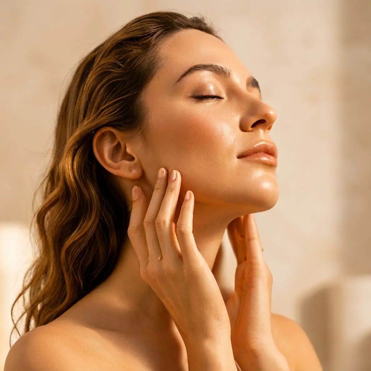 Serene woman with clear, radiant skin
