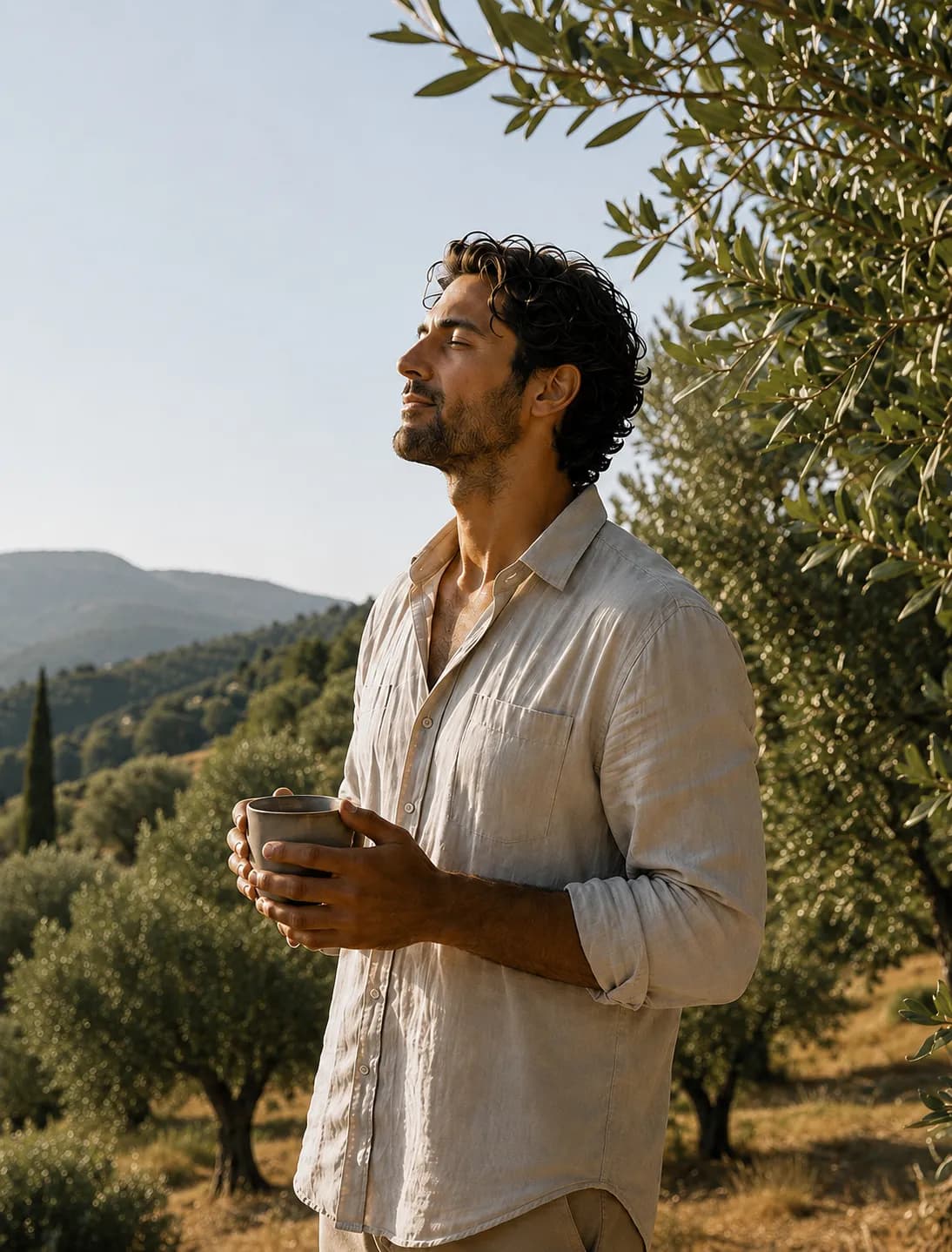 Man holding a cup in a sunlit olive grove