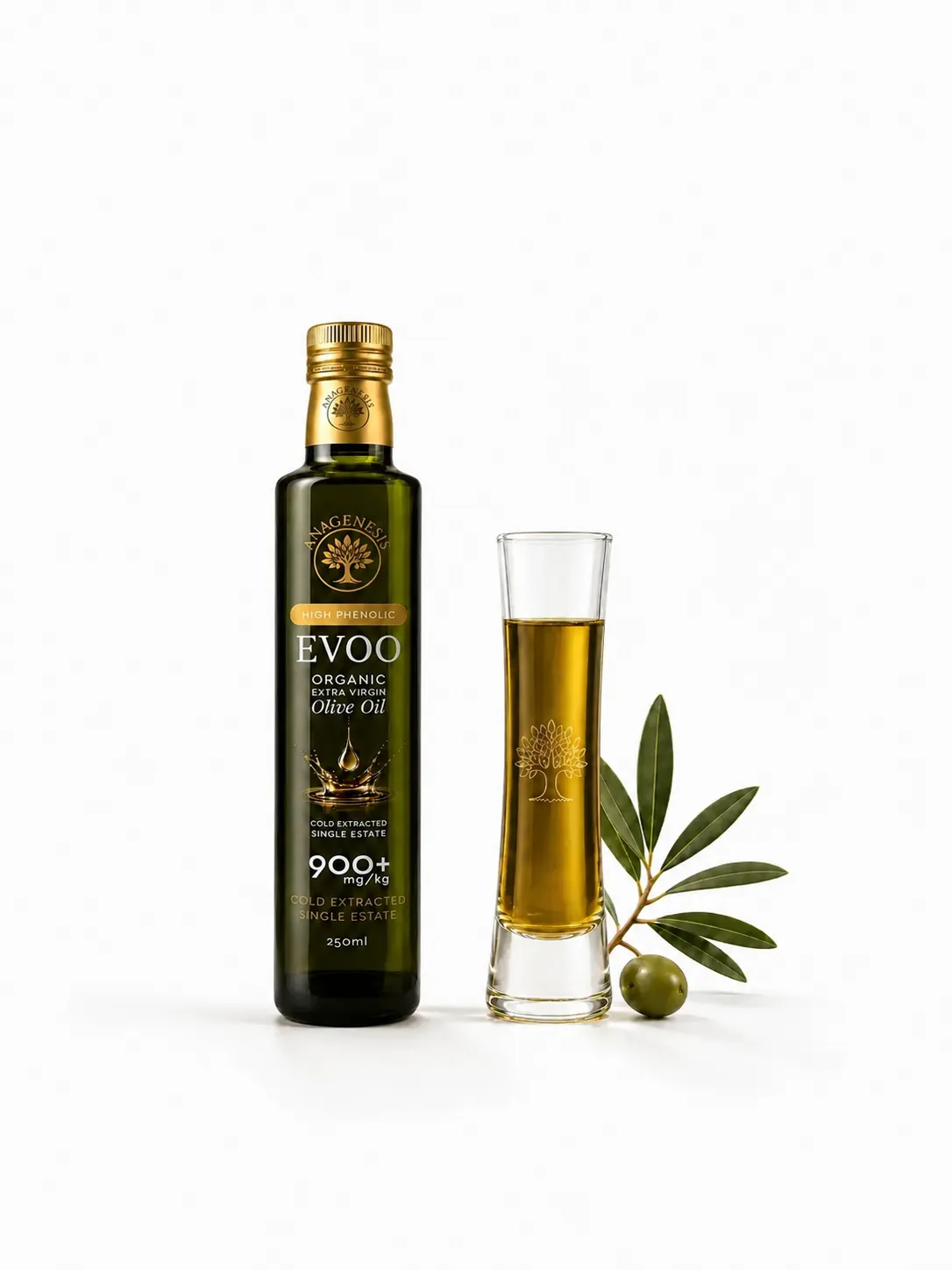 Anagenesis high phenolic extra virgin olive oil bottle and tasting glass