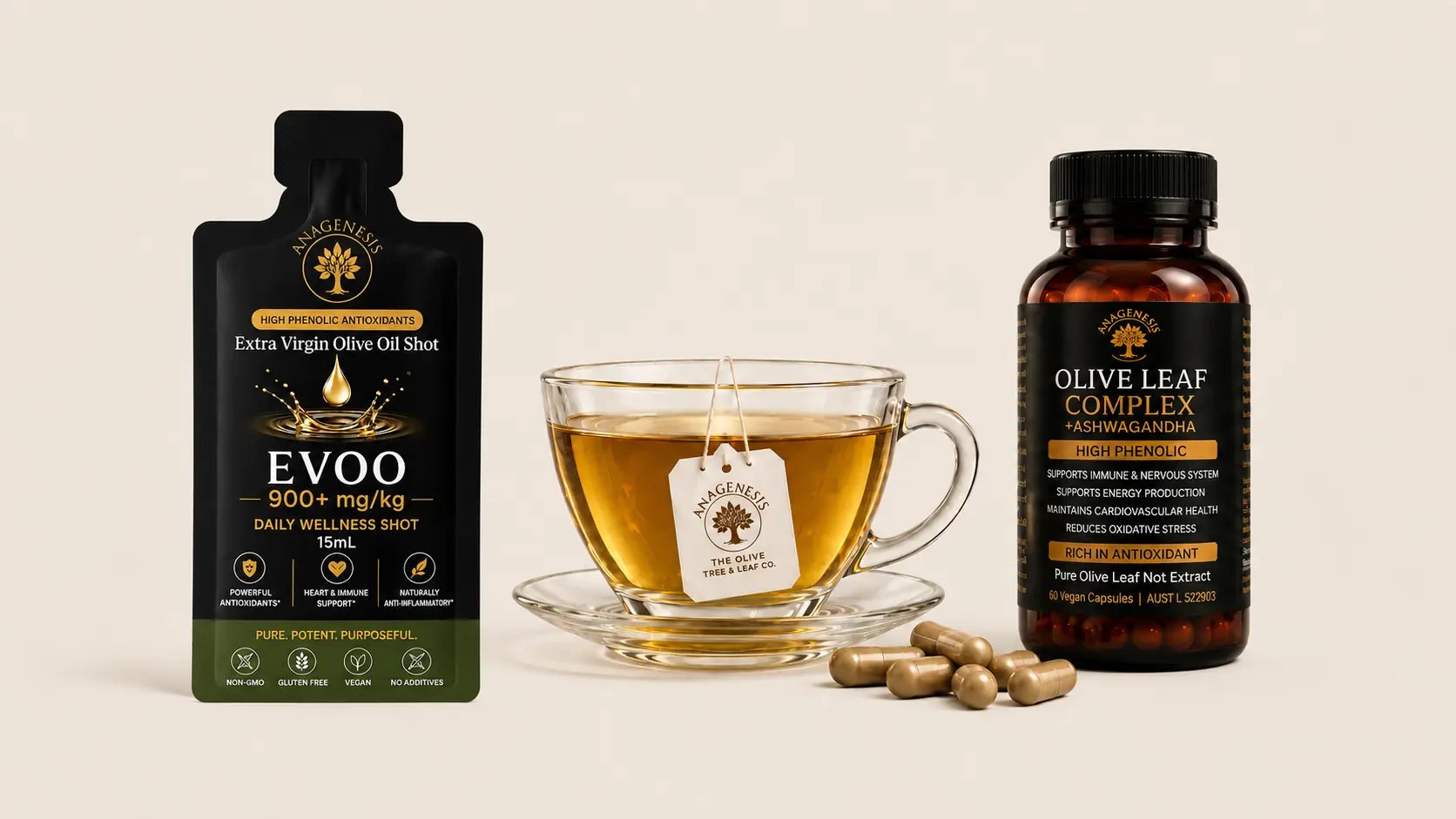Anagenesis olive oil shot sachet, olive leaf tea, and olive leaf complex supplement arranged together