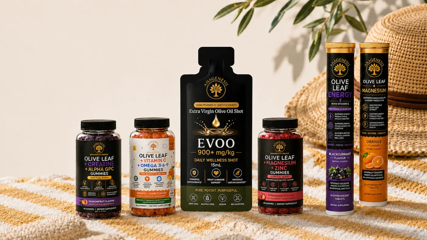 Anagenesis wellness collection — gummies, olive oil shots, and effervescent tablets arranged on natural linen