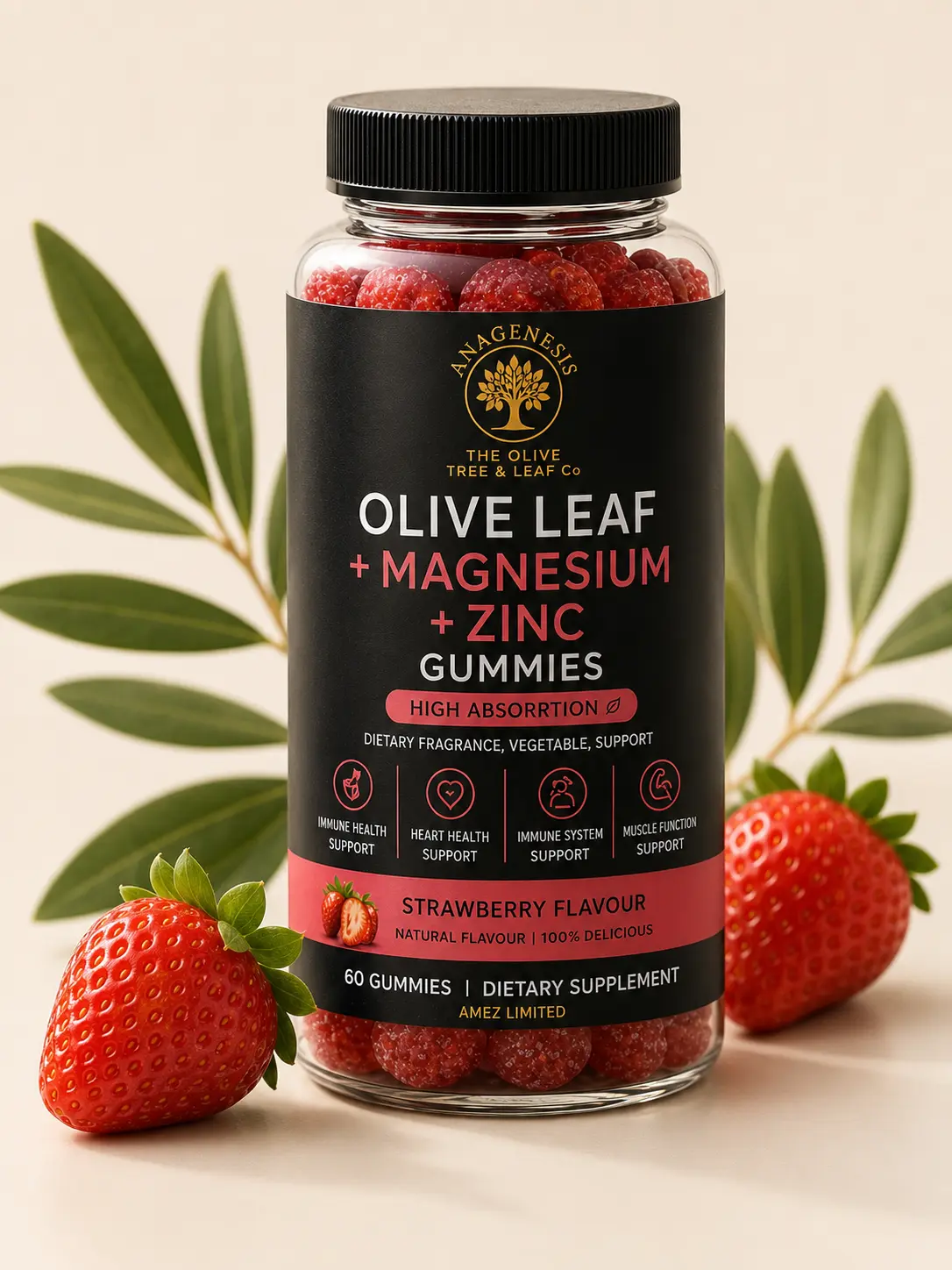 Olive leaf gummies with fresh strawberries and olive leaves