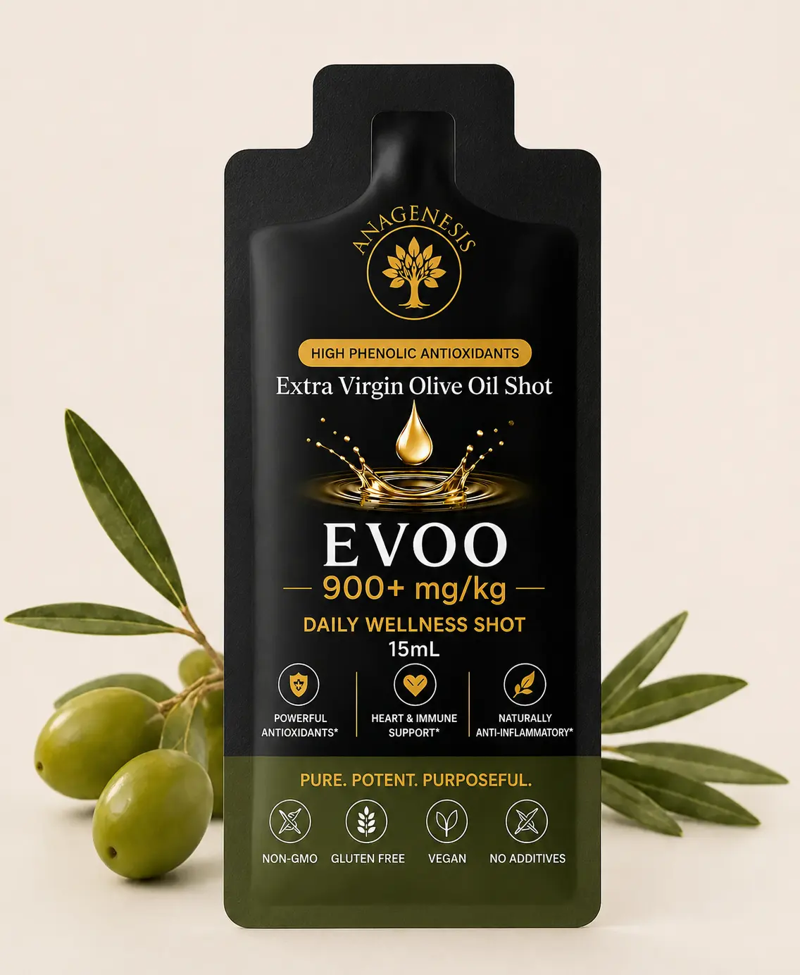 High phenolic EVOO daily wellness shot pouch with fresh olives