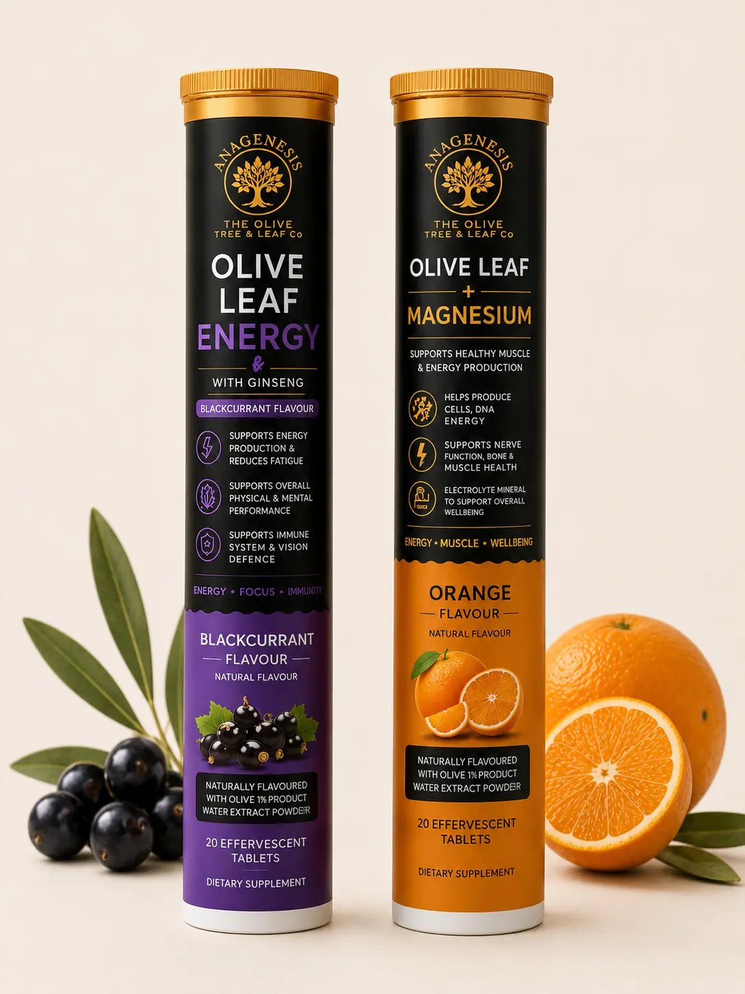 Energy and magnesium effervescent tablets with blackcurrants and orange