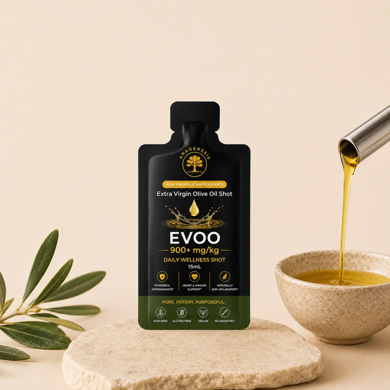 Golden olive oil pouring into a bowl beside an Anagenesis wellness shot