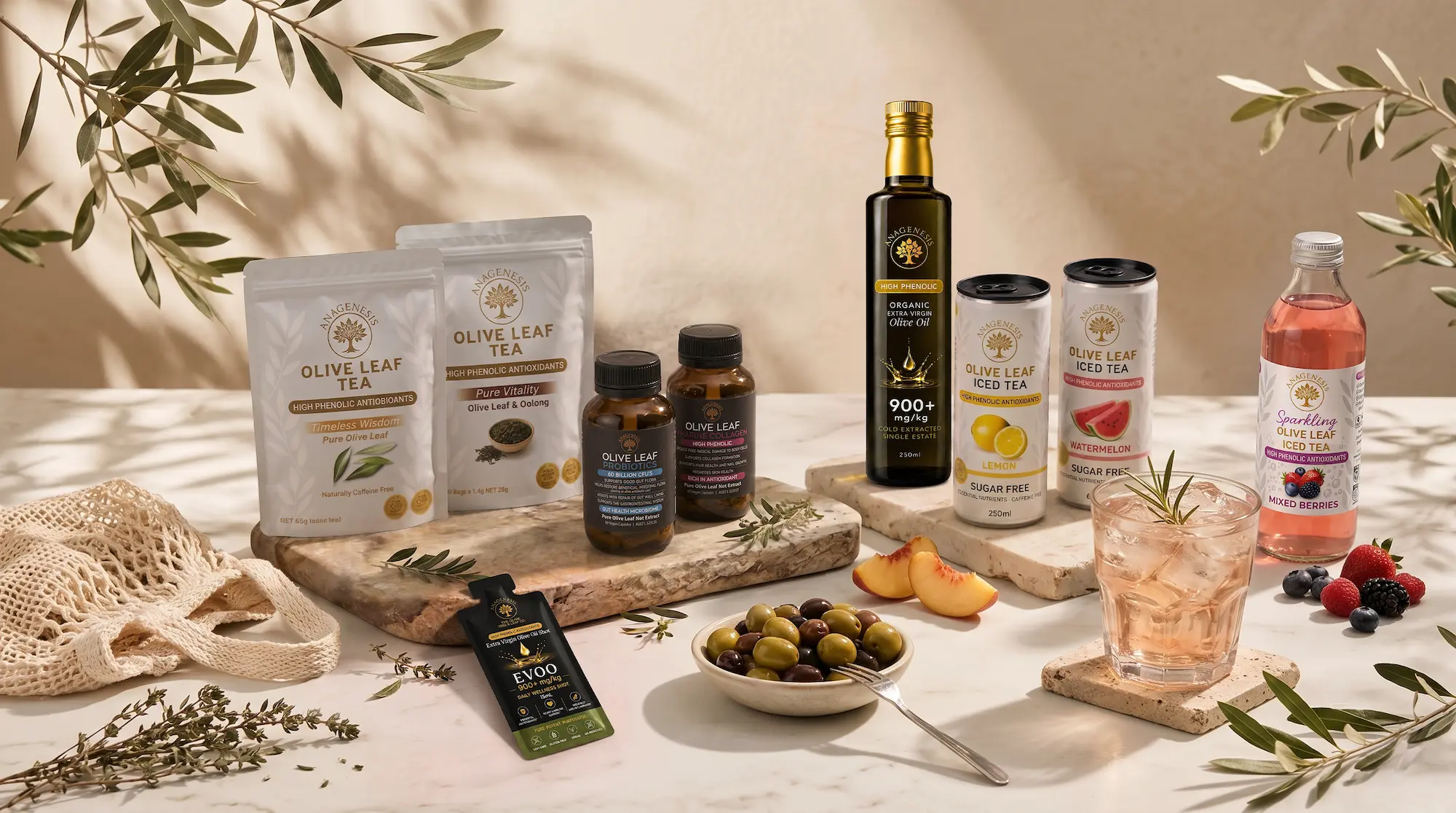 Anagenesis wellness product range on a rustic table with olive branches