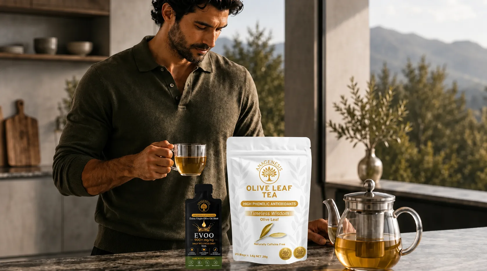 Man enjoying olive leaf tea with Anagenesis products on the counter
