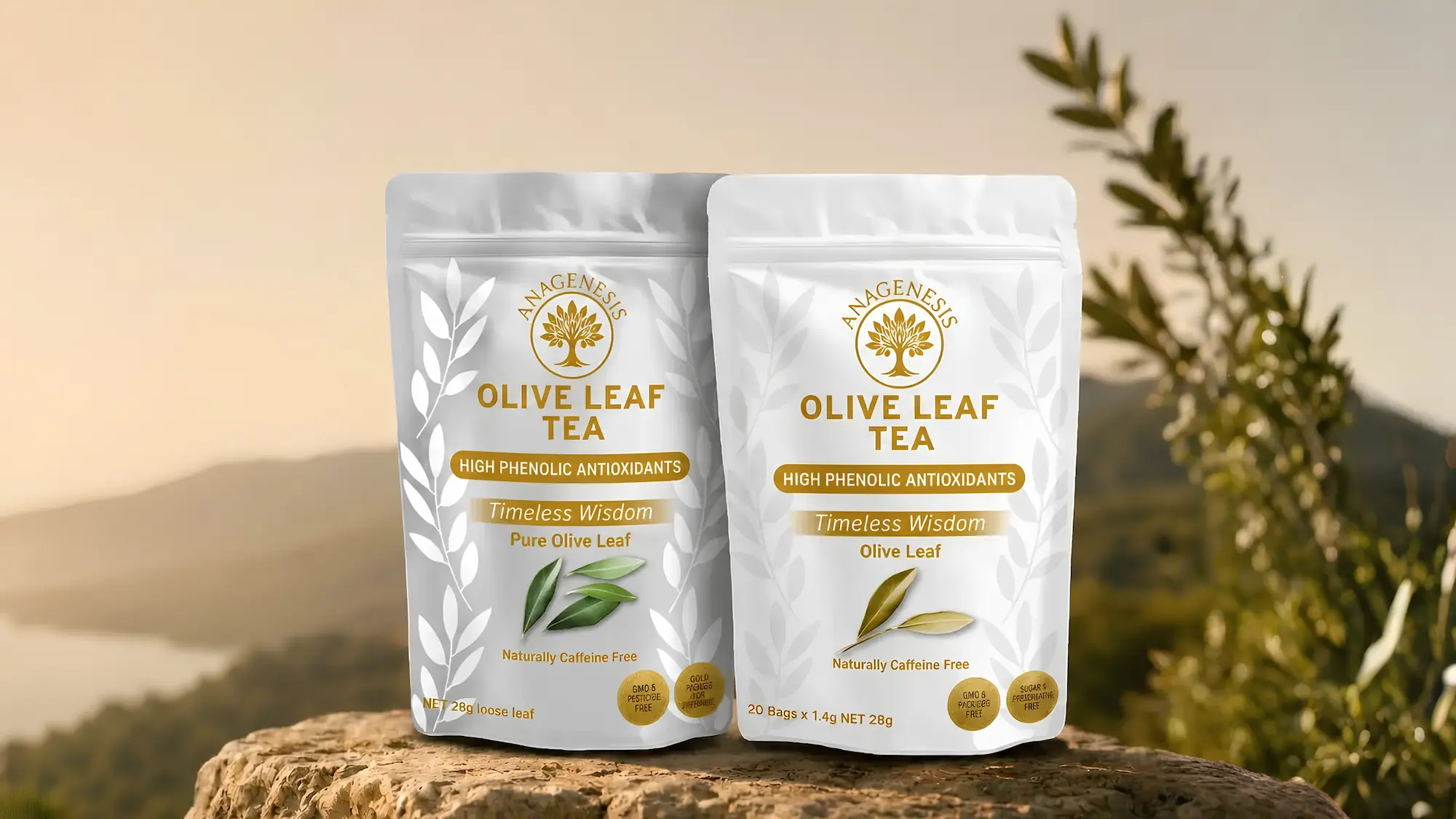 Olive leaf tea bags and loose leaf in a warm setting